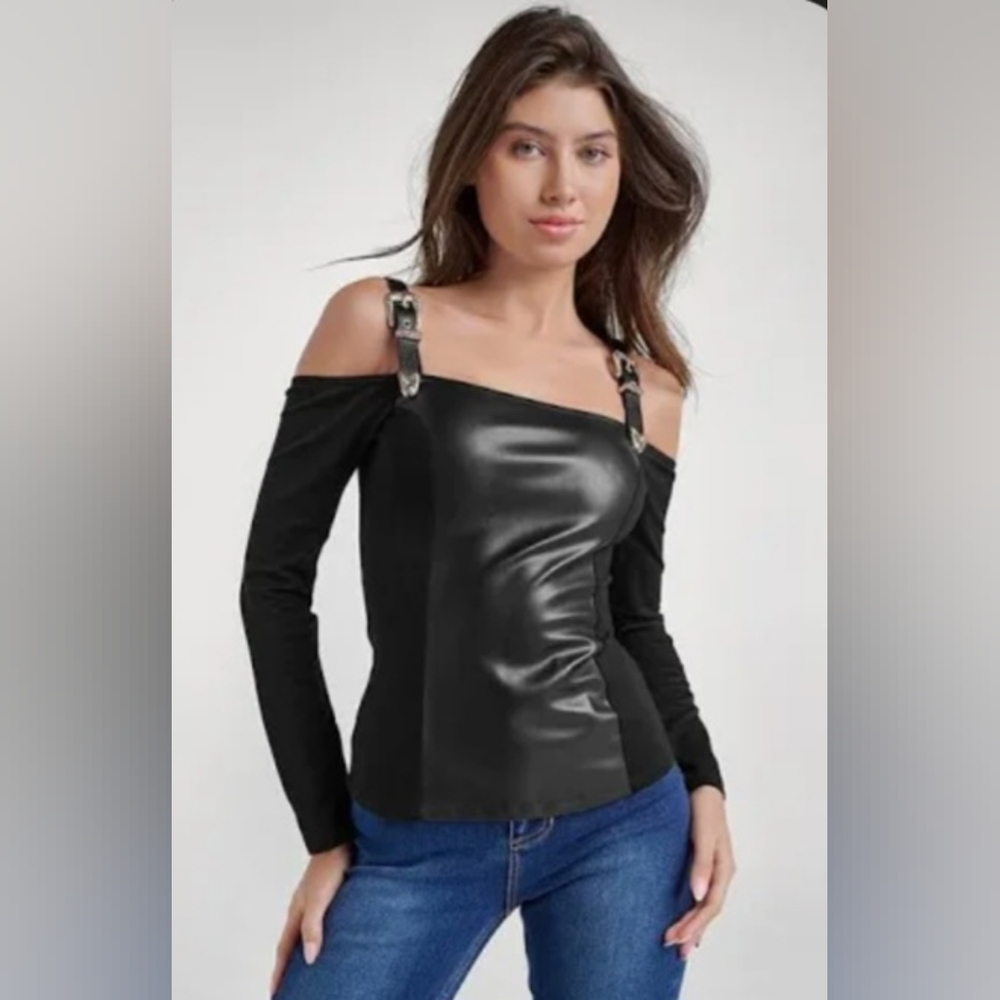 VENUS Black Faux Leather Off-Shoulder Top